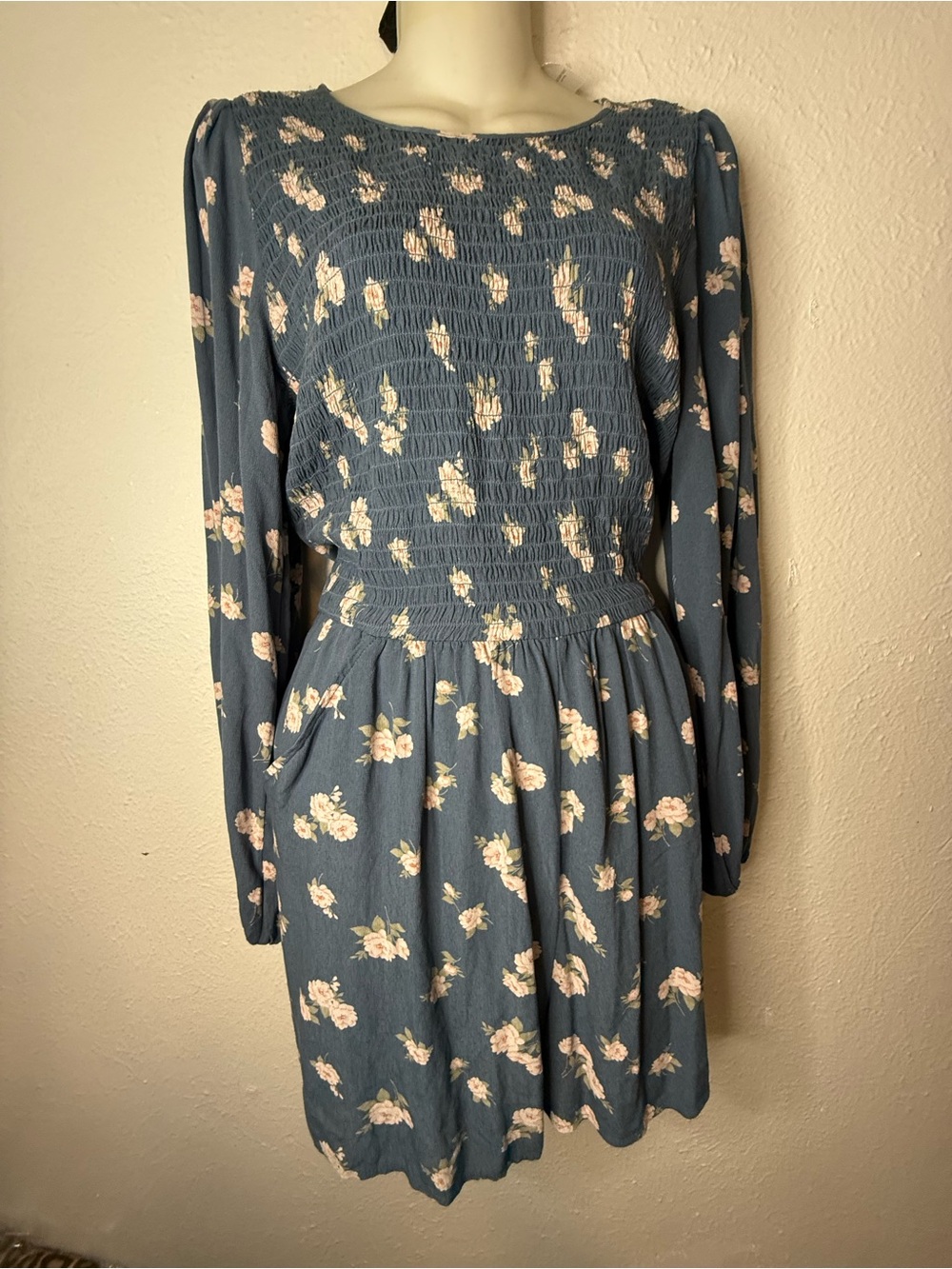 NWT Blue Floral Long-Sleeve Smocked Waist Dress